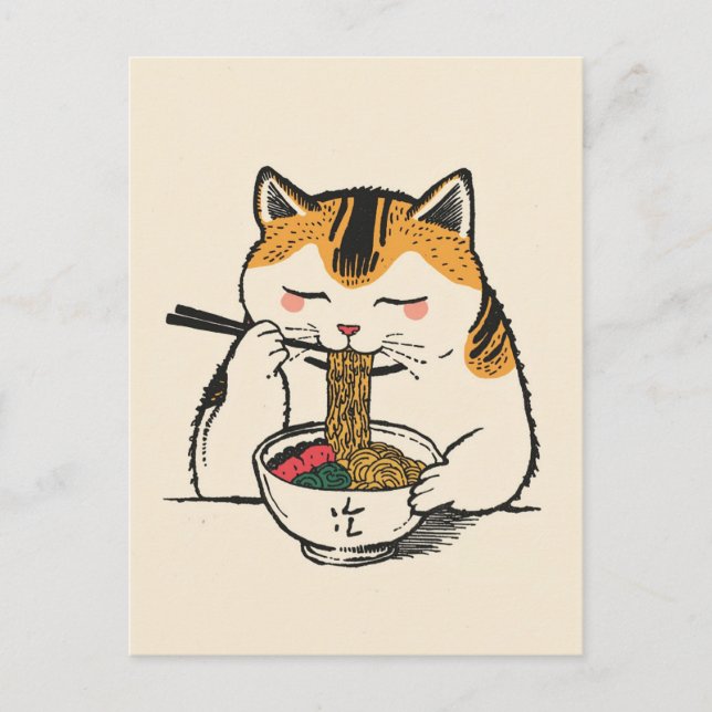 Cartão Postal Gato fofo da moda comendo ramen Japonês  (Frente)