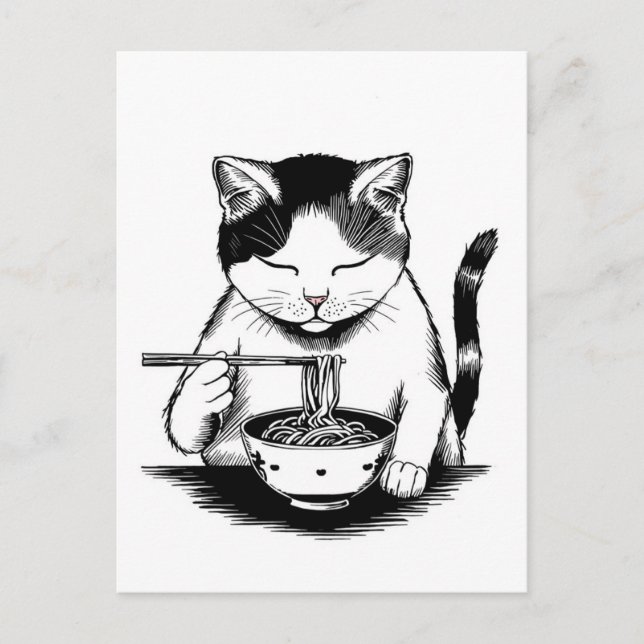 Cartão Postal Gato fofo da moda comendo ramen Japonês  (Frente)