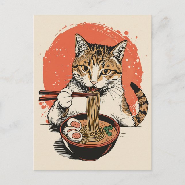 Cartão Postal Gato fofo da moda comendo ramen Japonês  (Frente)