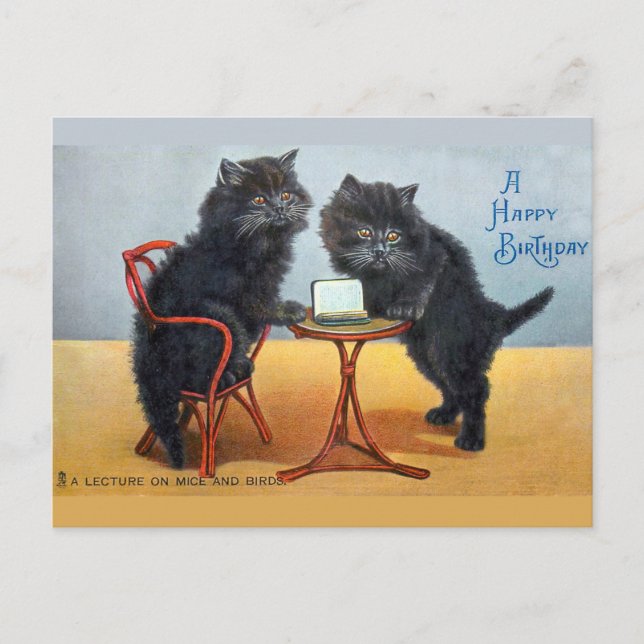 Cartão Postal Gato Fofo de Aniversário Vintage (Frente)
