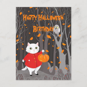 Cartão Postal Gato Fofo de Halloween & Abóbora Jack-o’-lantern