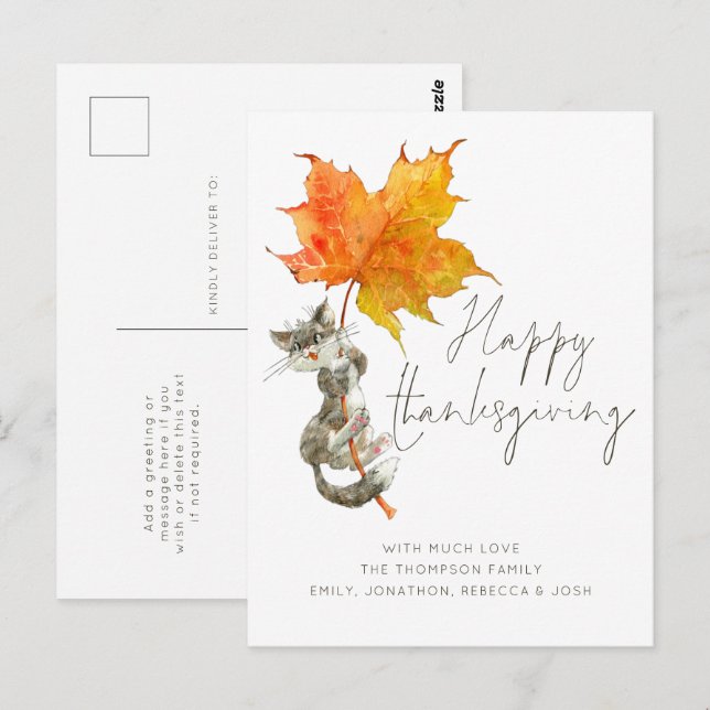 Cartão Postal Gato Fofo Letra manuscrita Feliz Dia de Ação de Gr (Frente/Verso)