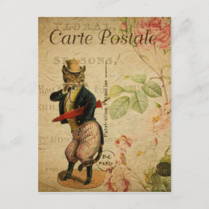 Cartão Postal Gato Francês Antigo com monóculo e guarda-chuva