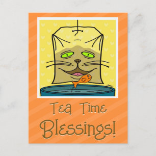 Cartão Postal Gato Gato Bonito Enfrenta Tea Time Bênçãos Pensand