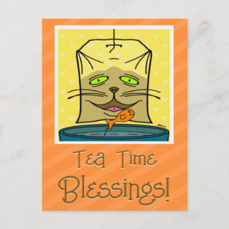 Cartão Postal Gato Gato Bonito Enfrenta Tea Time Bênçãos Pensand