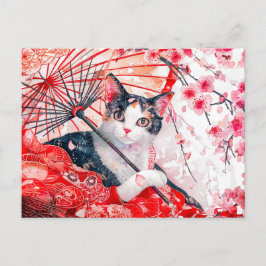 Cartão Postal Gato Geisha com Guarda-chuva em Pintura a Tinta Ch