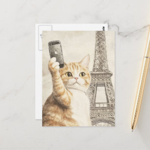 Cartão Postal Gato Ginger Adorável Tirando uma Selfie em Paris
