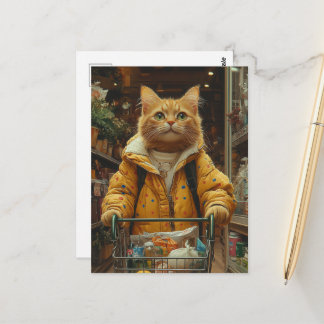 Cartão Postal Gato Ginger Fofo Fazendo Compras de Mercado