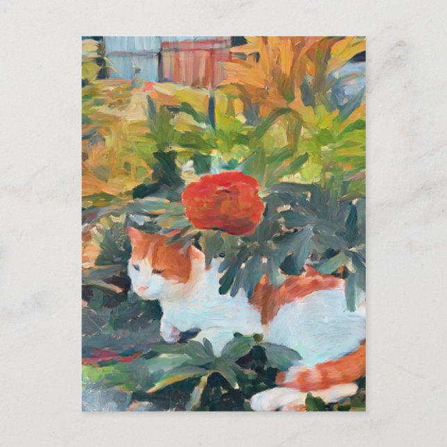 Cartão Postal gato giro sob um arbusto florescente (Frente)