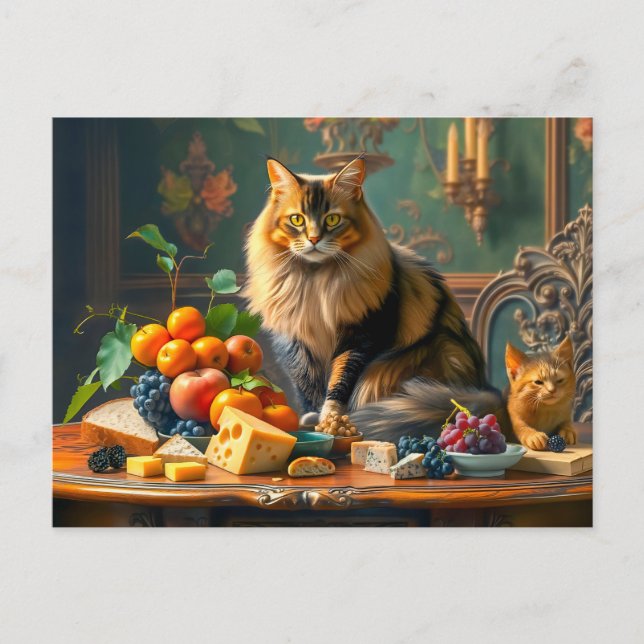 Cartão Postal Gato Gracioso na Arte Fruta Estática (Frente)