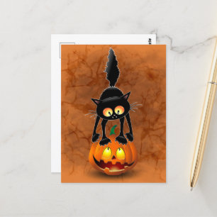 Cartão Postal Gato Halloween Caricatura Assustada na Pumpkin