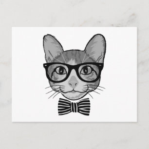 Cartão Postal Gato Hipster Preto e Branco com Gravata Borboleta