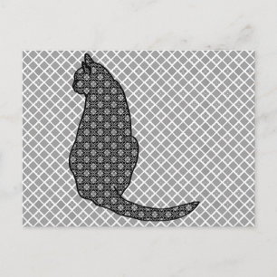 Cartão Postal Gato Japonês - Impressão de Kimono Preto e Branco