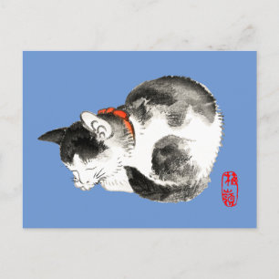 Cartão Postal Gato japonês preto e branco dormindo