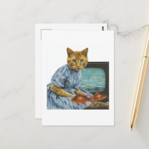 Cartão Postal Gato Laranja com Peixe Dourado e TV Colagem Retro