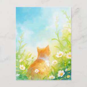 Cartão Postal Gato Laranja em Prado de Margaridas Iluminado pelo