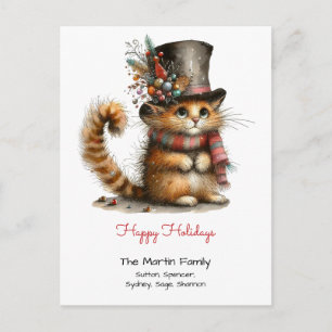 Cartão Postal Gato Laranja Fofo em um Chapéu de Cima Feliz Natal