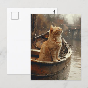 Cartão Postal Gato Laranja num Barco de Madeira
