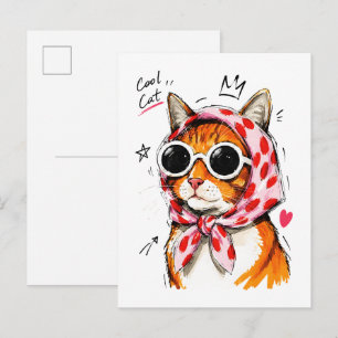 Cartão Postal Gato Legal com Óculos de Sol & Lenço de Cabeça com