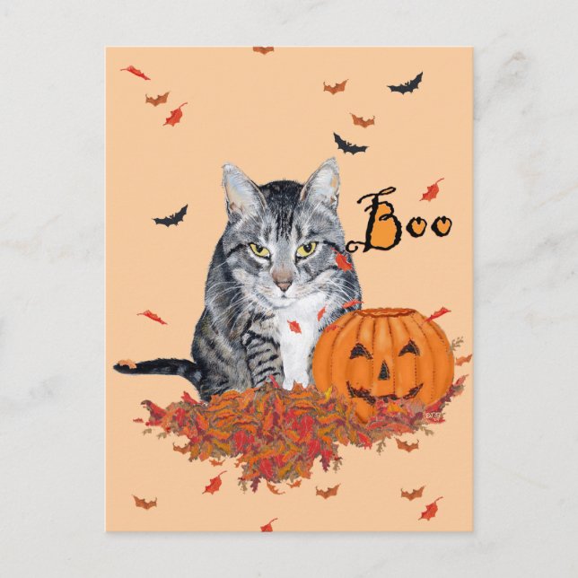 Cartão Postal Gato Listrado de Halloween (Frente)