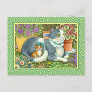 CARTÃO POSTAL GATO-MÃE E COZINHA, FLORES, ARCOS E LAÇA