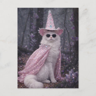 Cartão Postal Gato Mágico Feiticeiro em Capa e Chapéu Rosa Brilh