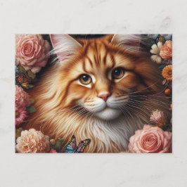 Cartão Postal Gato Maine Coon com Flores Cor-de-Rosa 