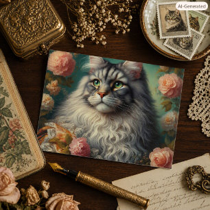 Cartão Postal Gato Maine Coon Prata Vintage Vitoriano