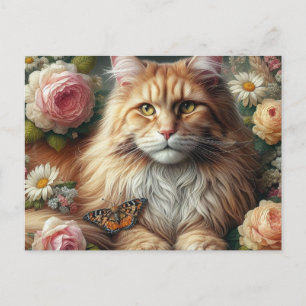 Cartão Postal Gato Maine Coon Vitoriano com Rosas Rosa