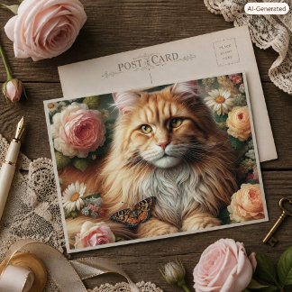 Cartão Postal Gato Maine Coon Vitoriano com Rosas Rosa 