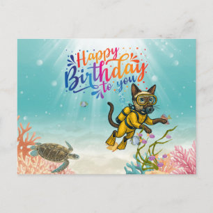Cartão Postal Gato mergulhador Feliz Aniversário sob o mar