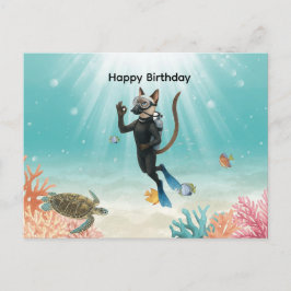 Cartão Postal Gato mergulhador feliz aniversário sob o mar