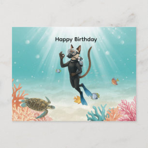 Cartão Postal Gato mergulhador feliz aniversário sob o mar