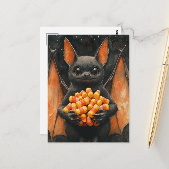 Cartão Postal Gato Morcego de Halloween Fofo Com Doce (Frente/Verso In Situ)