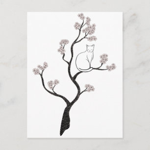 Cartão Postal Gato na árvore de flores de cereja