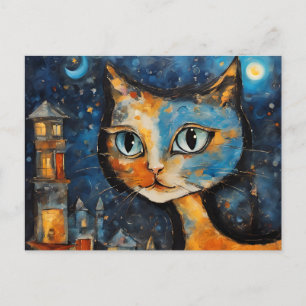 Cartão Postal Gato na cidade à noite