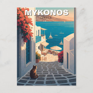 Cartão Postal Gato na Grécia Mykonos Cyclades Viagem Sunset