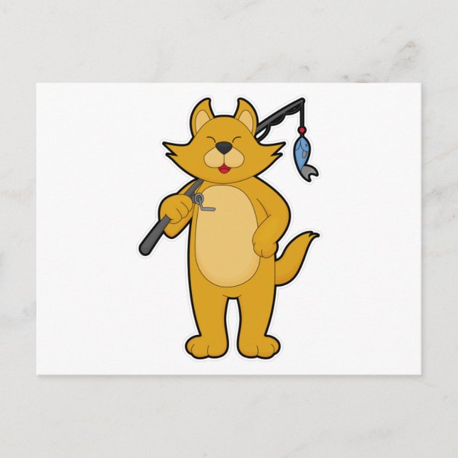 Cartão Postal Gato na pesca com vara de pescar & Peixe (Frente)