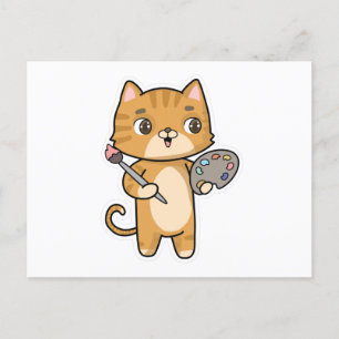 Cartão Postal Gato na pintura com cor e pincel