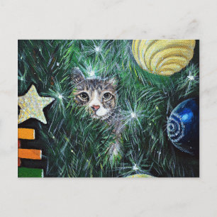 Cartão Postal Gato na pintura da árvore de Natal
