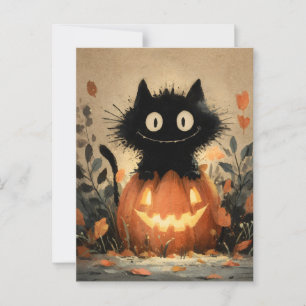 Cartão Postal Gato Negra Bonito do Halloween em um Jack-o-Lanter