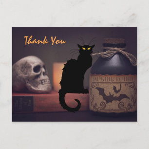 Cartão Postal Gato Negro Assustador e Halloween Crânio Obrigado