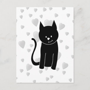 Cartão Postal Gato Negro Bonito com Corações.