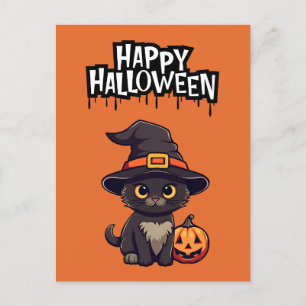 Cartão Postal Gato Negro Bonito Com Pumpkin Jack O Lanterna