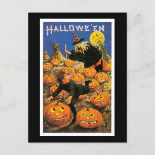 Cartão Postal Gato Negro, Bruxa e Abóbora do Halloween