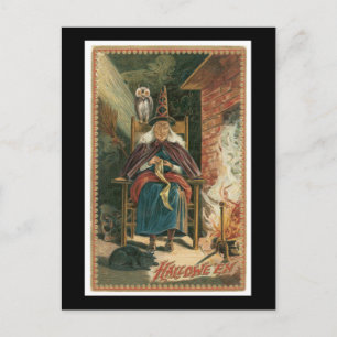 Cartão Postal Gato Negro, Bruxa e Coruja do Halloween