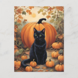 Cartão Postal Gato Negro com Abóbora de Halloween