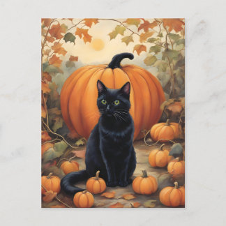 Cartão Postal Gato Negro com Abóbora de Halloween