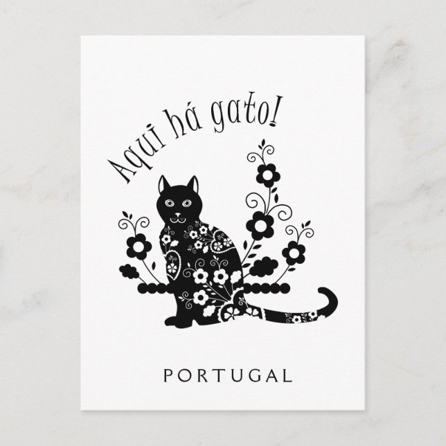 Cartão Postal Gato negro com flores e expressão portuguesa (Frente)