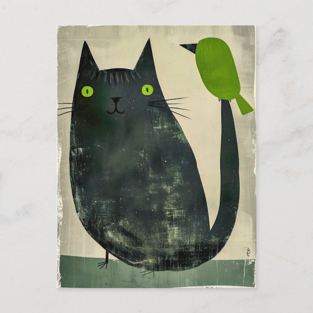 Cartão Postal Gato Negro com Pássaro Verde na Cauda (Frente)